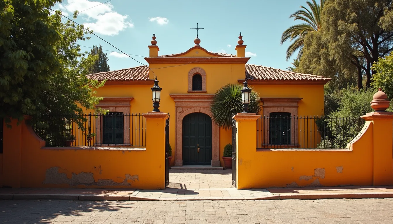 An ochre colonial house behind a wrought-iron gate