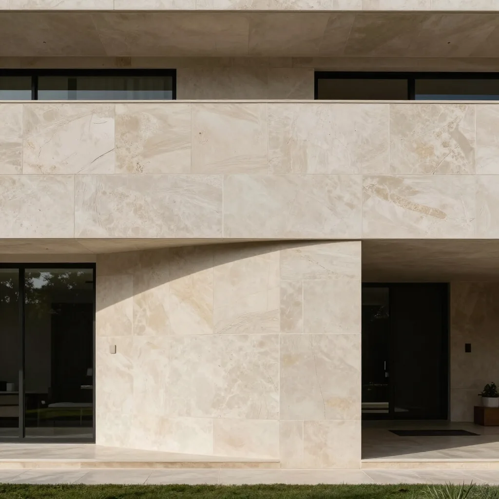 A minimalist cream marble facade with dark window frames