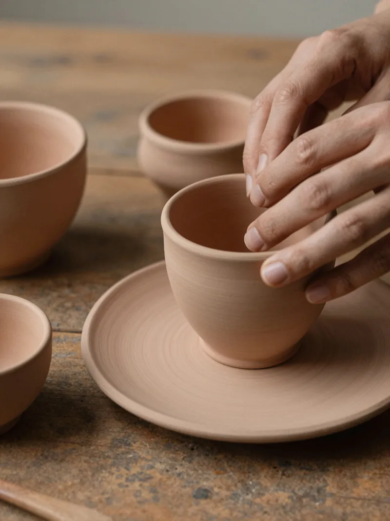 Hands shaping a terracotta clay cup