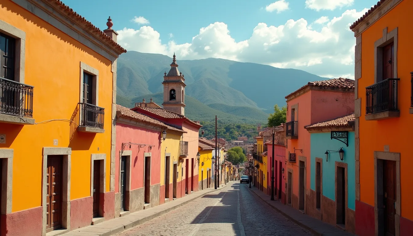 A cobblestone street of ochre, coral and turquoise colonial houses in San Miguel de Allende, with the mountains behind